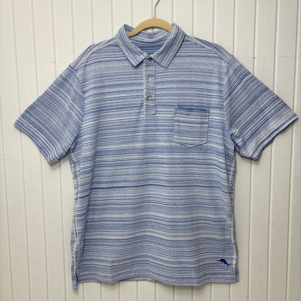 Tommy Bahama Cova Beach Old Royal Blue and White Striped Polo Shirt Size L